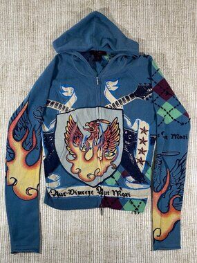 Raw 7 Vintage Y2K Luxury 100% Cashmere Graphic Full-Zip Hoodie Sweater Medium